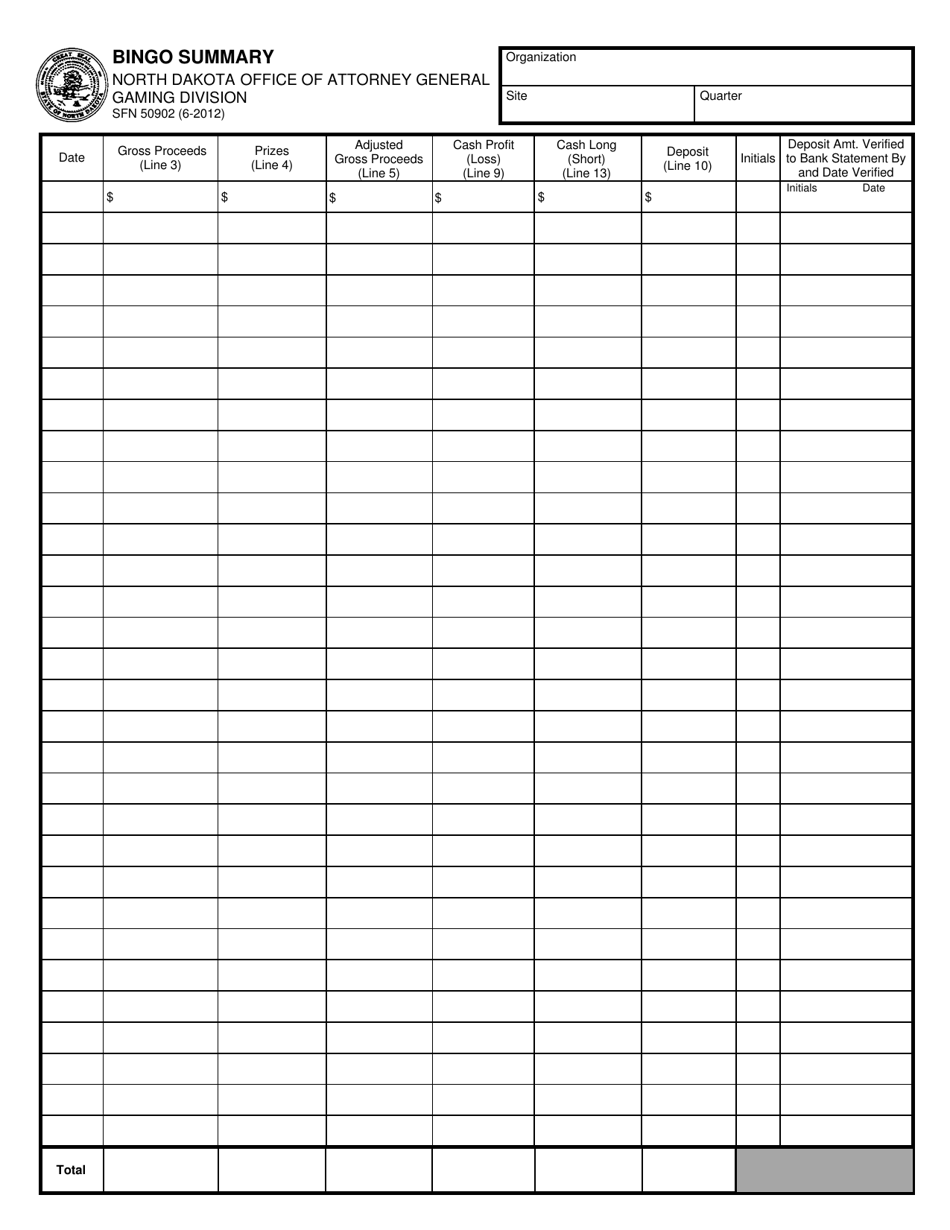 Form SFN50902 Bingo Summary - North Dakota, Page 1