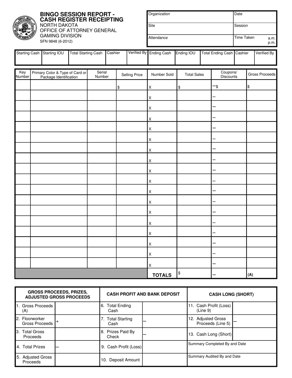 Form SFN9848 Bingo Session Report - Cash Register Receipting - North Dakota, Page 1