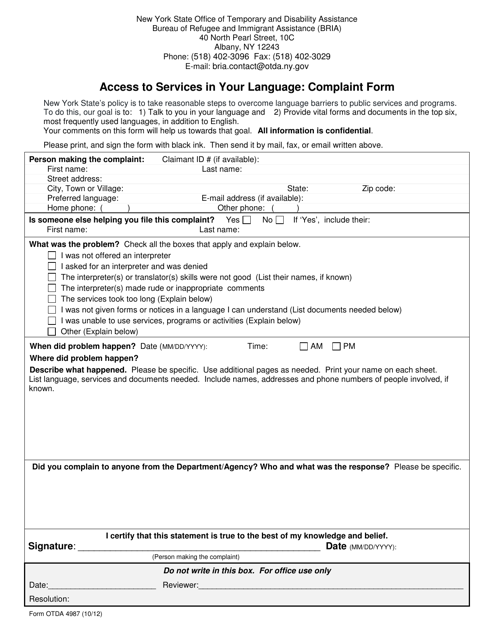 Form OTDA4987 Access to Services in Your Language: Complaint Form - New York