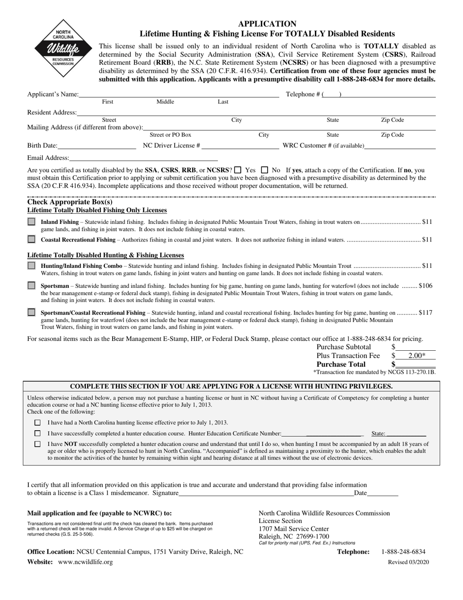 Disabled License Application (Totally) - Lifetime Hunting, Fishing - North Carolina, Page 1