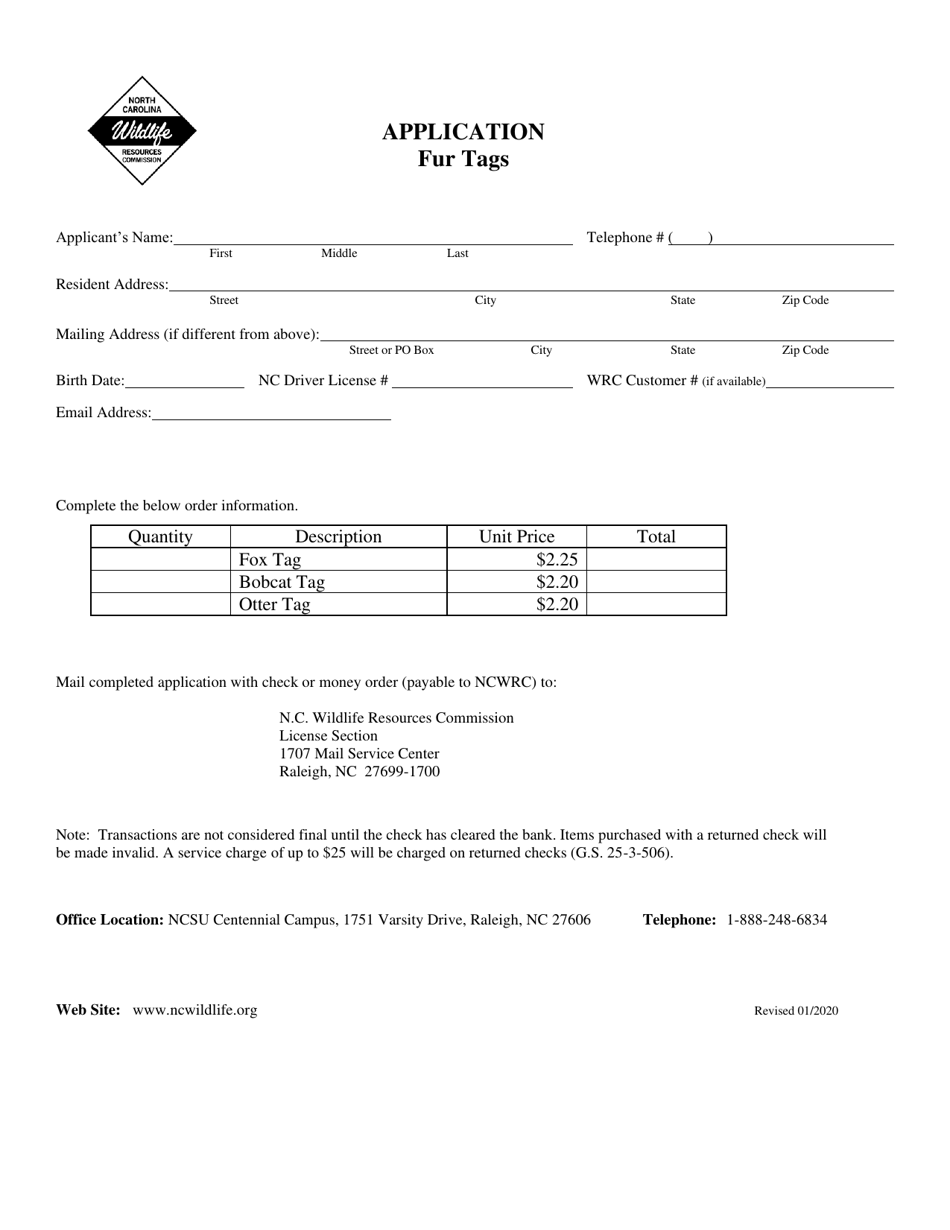 North Carolina Fur Tag Application Fill Out, Sign Online and Download