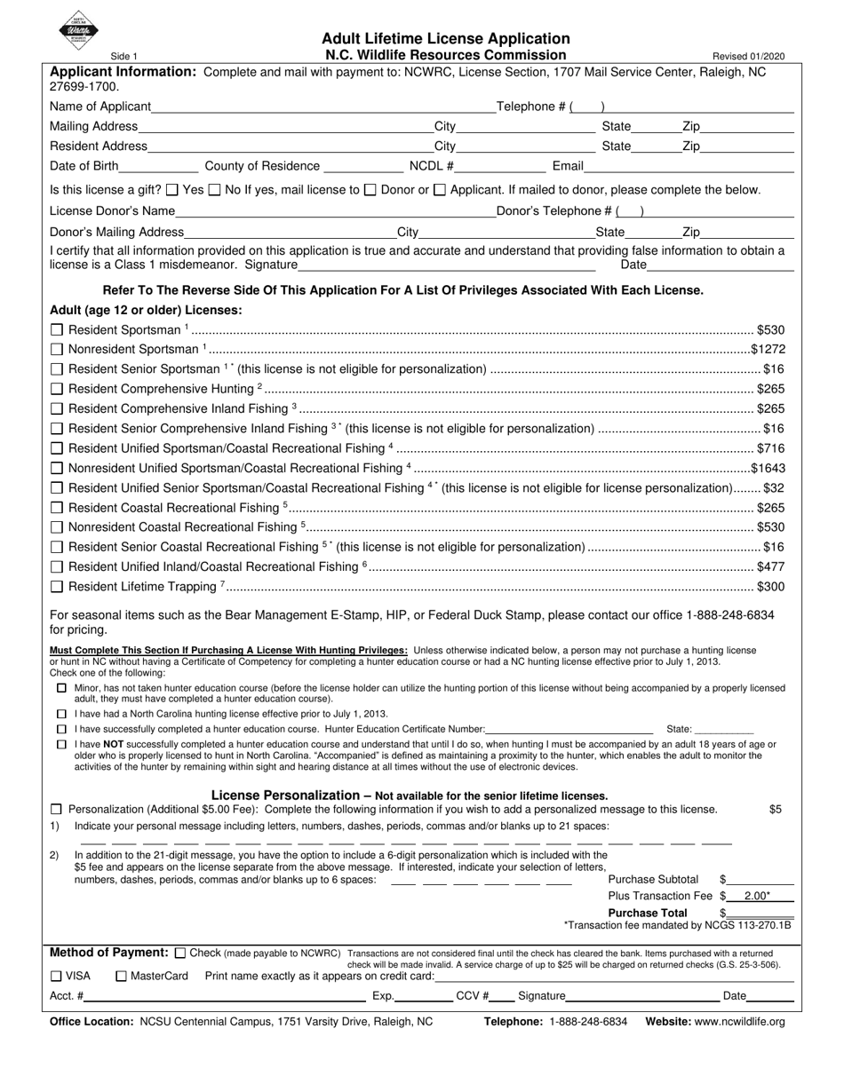 Adult Lifetime Hunting and Fishing License Application - North Carolina, Page 1