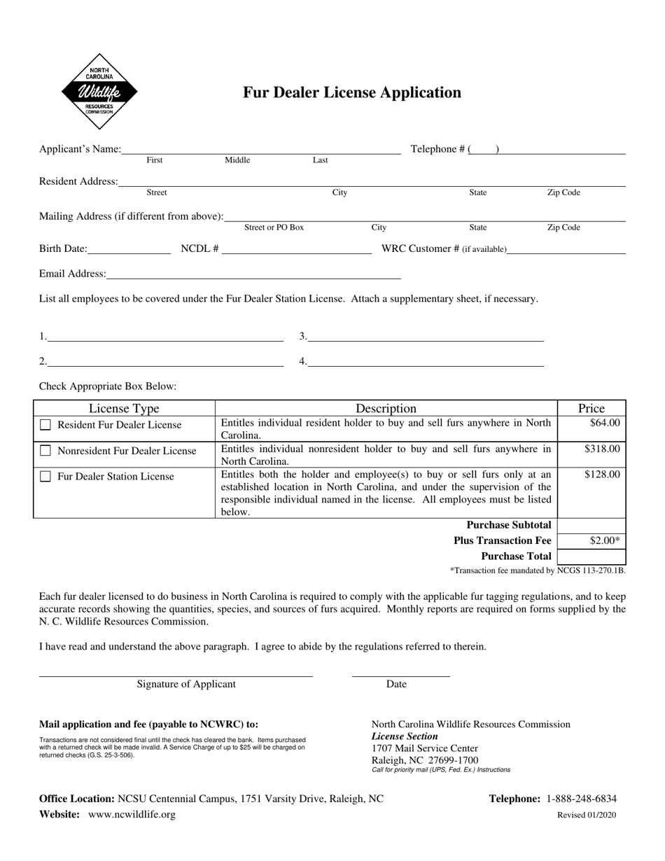 North Carolina Fur Dealer License Application Download Printable PDF