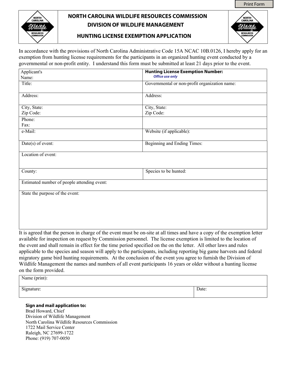 North Carolina Hunting License Exemption Application Download Printable
