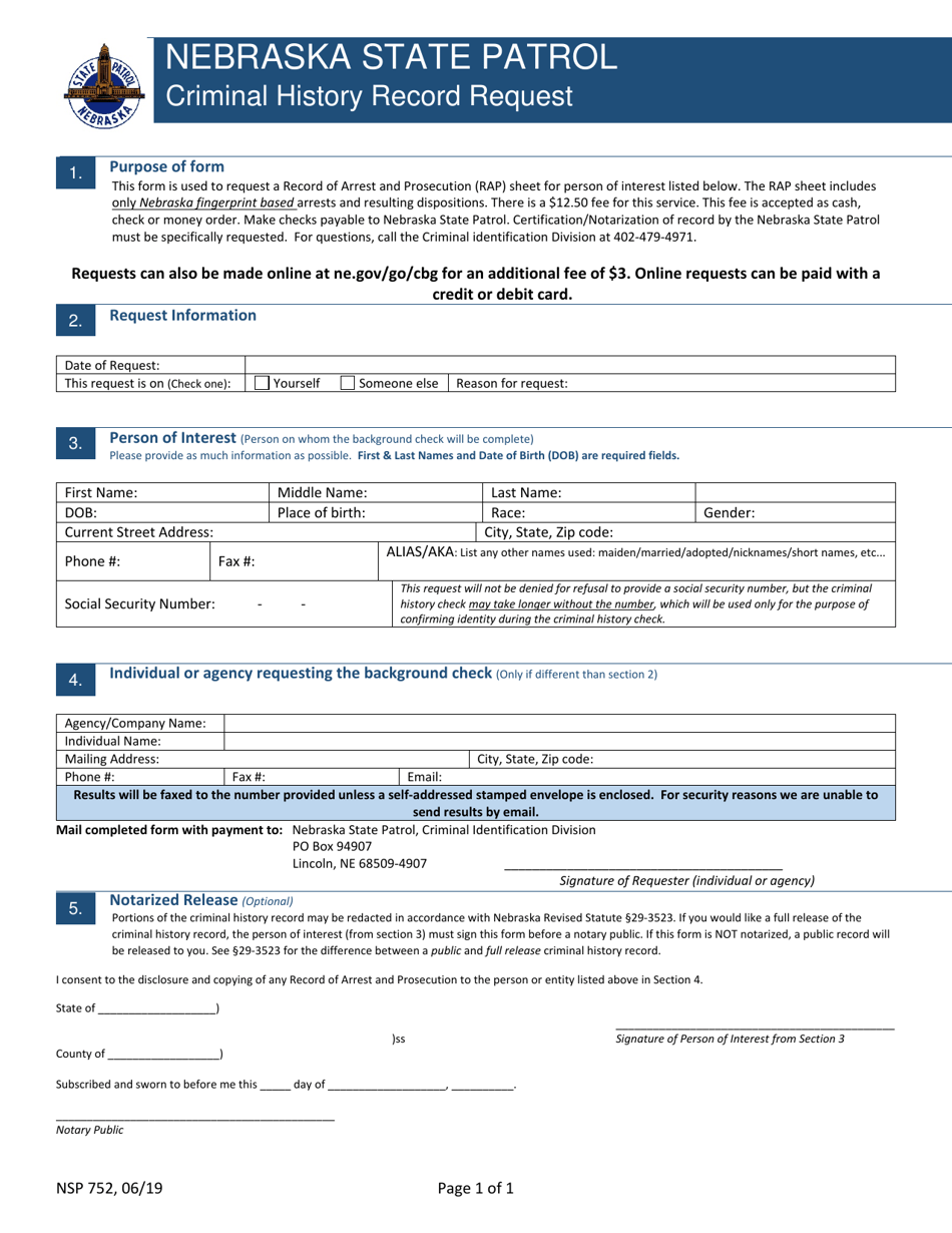 Form NSP752 Criminal History Record Request - Nebraska, Page 1