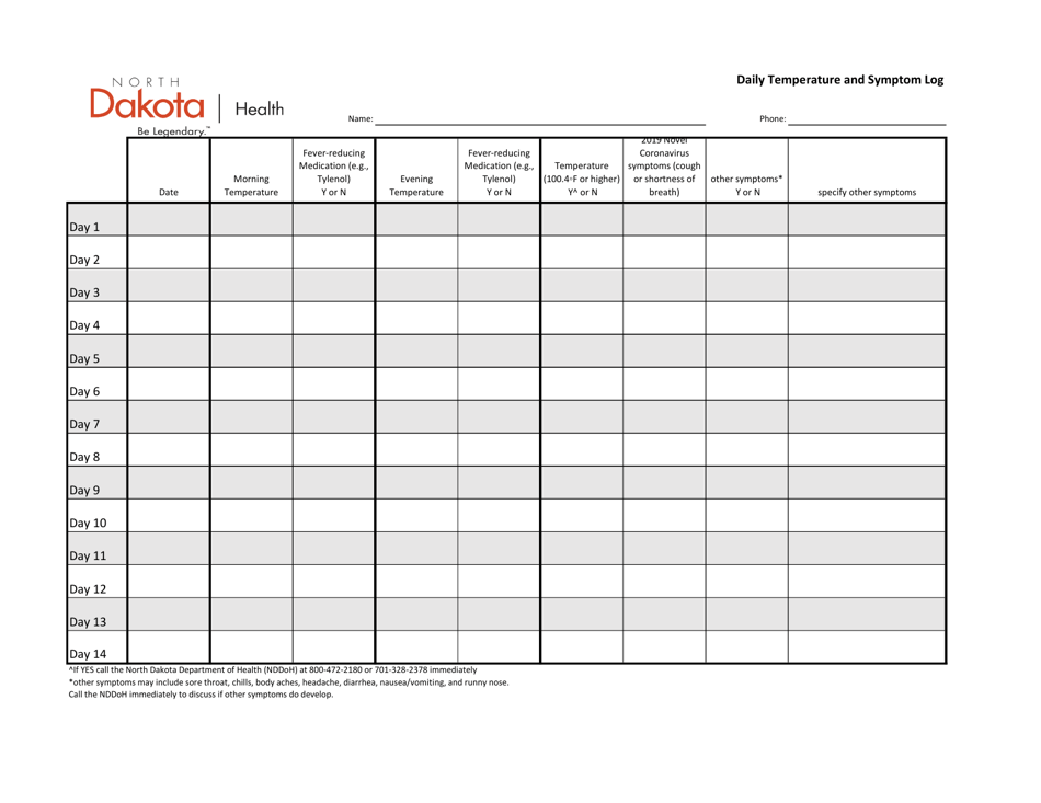 North Dakota Daily Temperature and Symptom Log - Fill Out, Sign Online ...