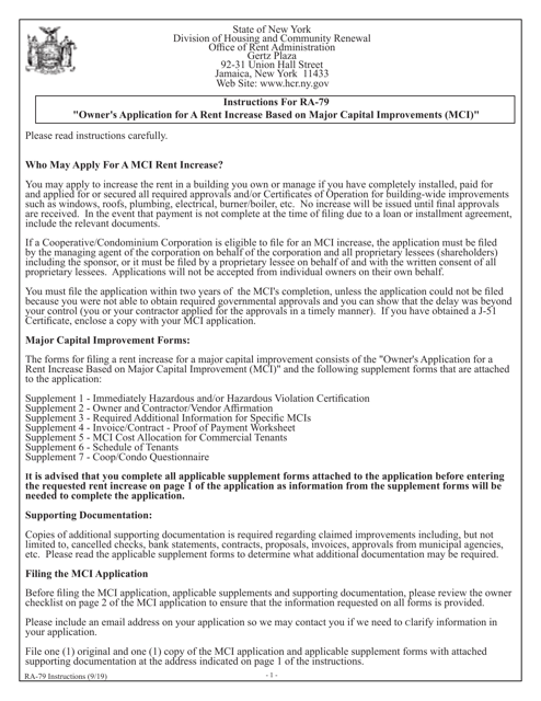 Instructions for Form RA-79 Owner's Application for Rent Increase Based on Major Capital Improvements - New York