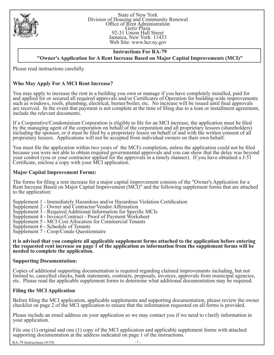 Instructions for Form RA-79 Owners Application for Rent Increase Based on Major Capital Improvements - New York, Page 1