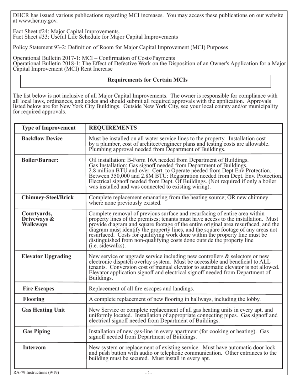 Instructions for Form RA-79 Owners Application for Rent Increase Based on Major Capital Improvements - New York, Page 2