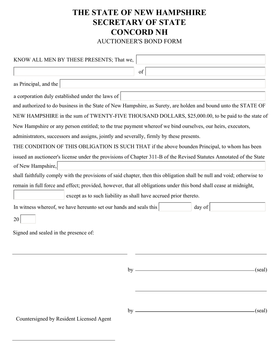 Auctioneers Bond Form - New Hampshire, Page 1
