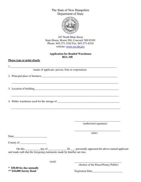 Application for Bonded Warehouse - New Hampshire Download Pdf