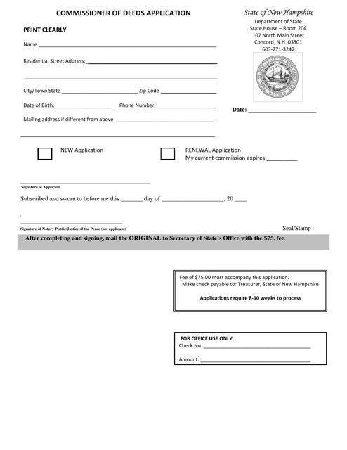 Commissioner of Deeds Application - New Hampshire Download Pdf