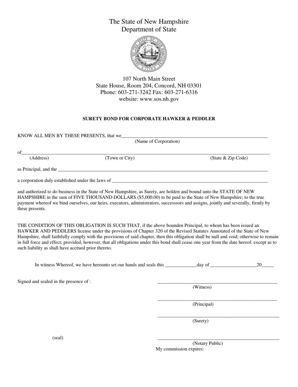 Surety Bond for Corporate Hawker  Peddler - New Hampshire, Page 1