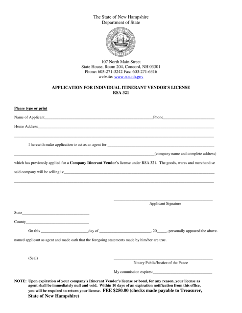 Application for Individual Itinerant Vendor's License - New Hampshire Download Pdf