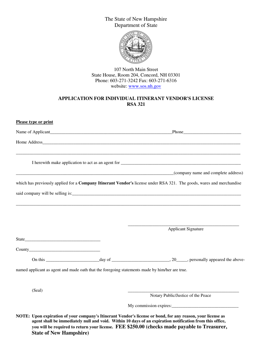 New Hampshire Application for Individual Itinerant Vendor's License ...