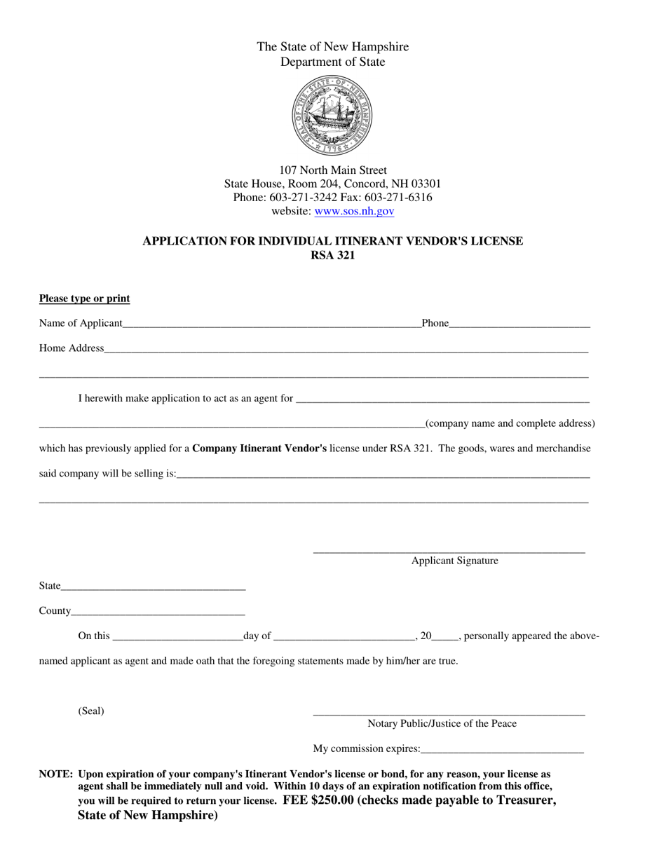 Application for Individual Itinerant Vendors License - New Hampshire, Page 1