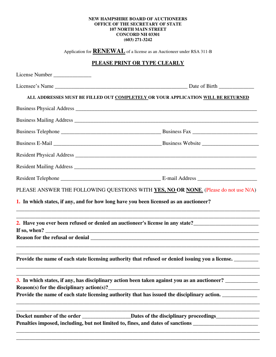 New Hampshire Application for Renewal of a License as an Auctioneer