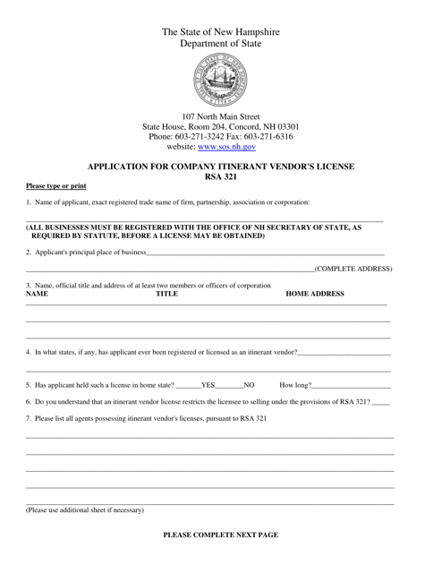 Application for Company Itinerant Vendor's License - New Hampshire Download Pdf