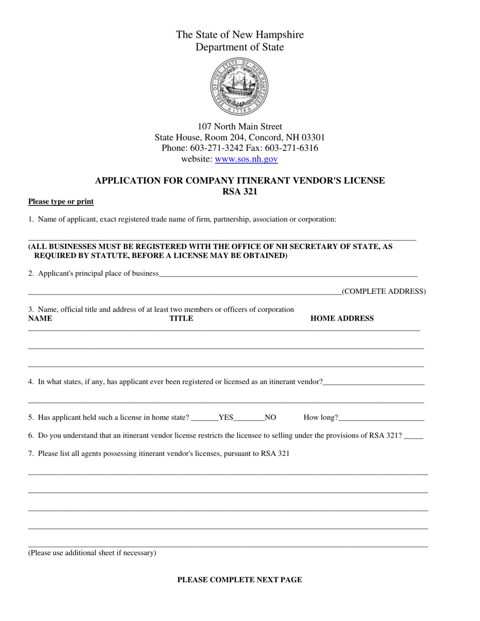 Application for Company Itinerant Vendors License - New Hampshire, Page 1