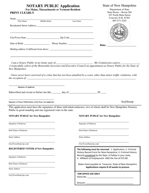 Notary Public Application for Maine, Massachusetts or Vermont Resident - New Hampshire