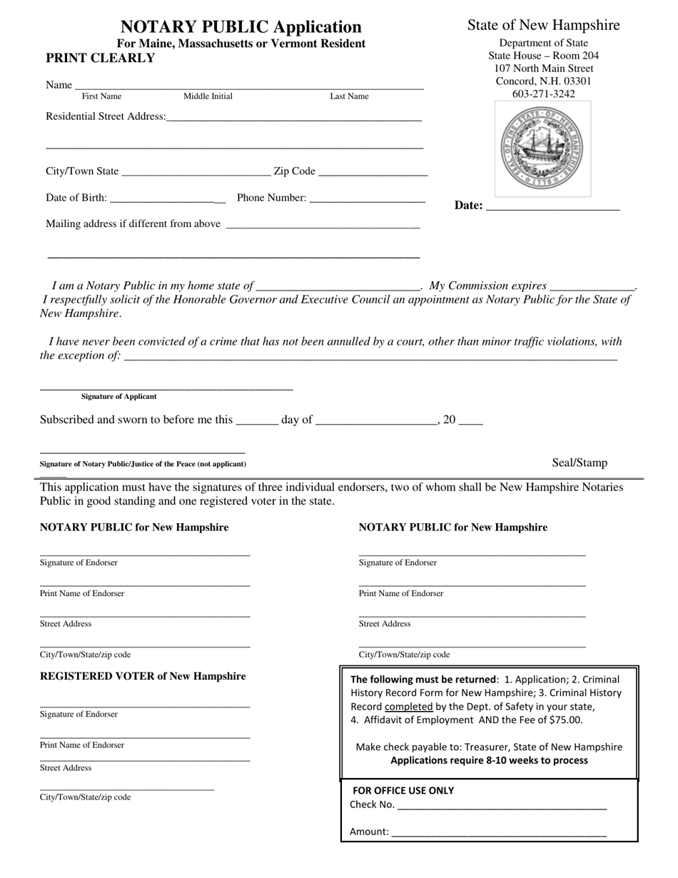 New Hampshire Notary Public Application for Maine, Massachusetts or