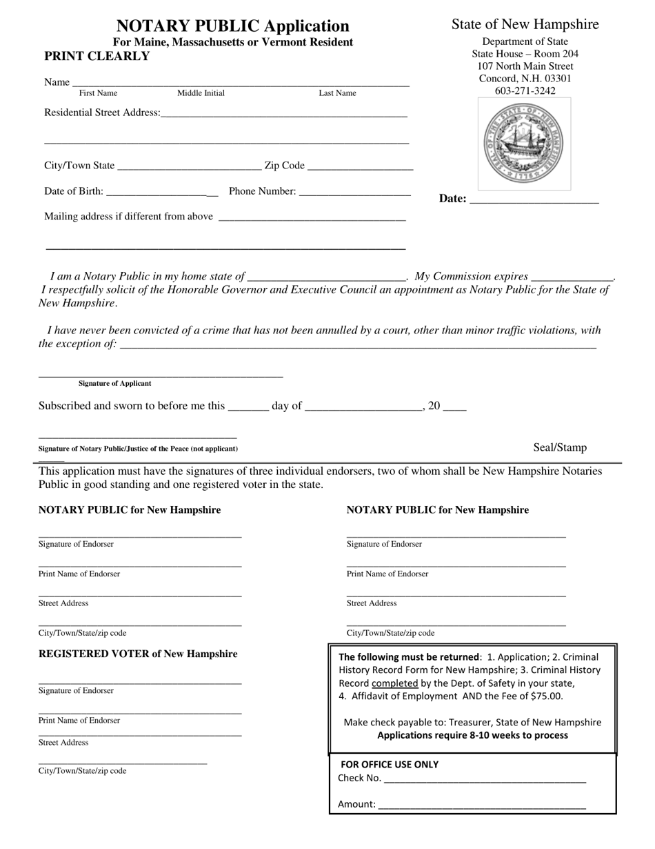 Notary Public Application for Maine, Massachusetts or Vermont Resident - New Hampshire, Page 1