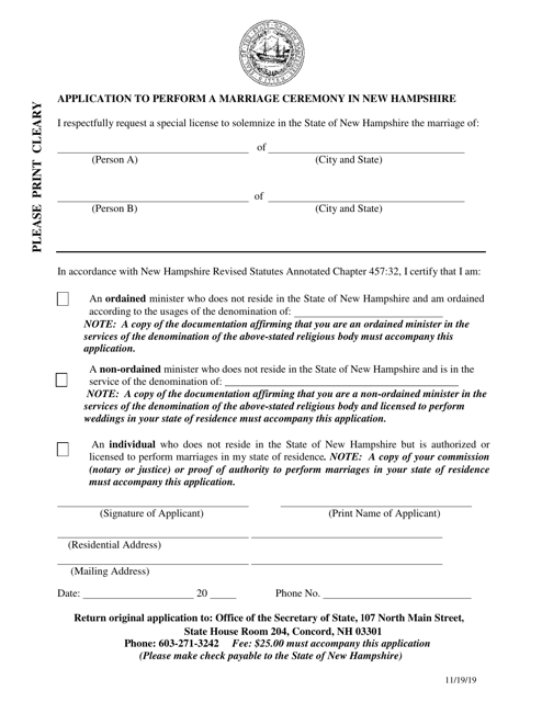 Application to Perform a Marriage Ceremony in New Hampshire - New Hampshire Download Pdf