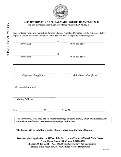 Application for a Special Marriage Officiant License - New Hampshire Download Pdf