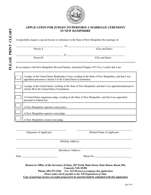 Application for Judges to Perform a Marriage Ceremony in New Hampshire - New Hampshire Download Pdf