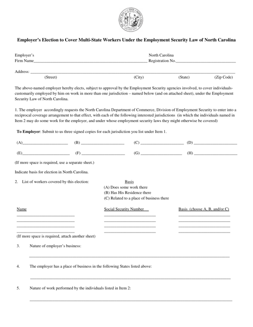 Form RC-1 Employer's Election to Cover Multi-State Workers Under the Employment Security Law of North Carolina - North Carolina