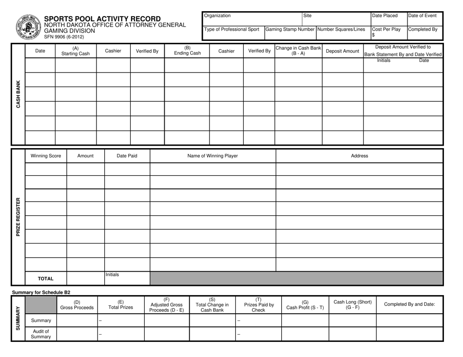 Form SFN9906 Sports Pool Activity Record - North Dakota, Page 1