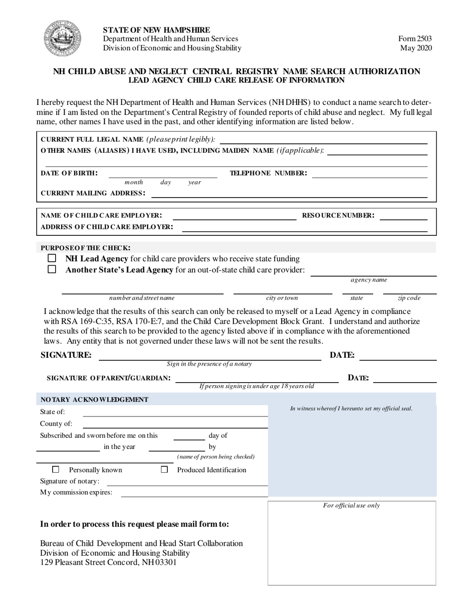 Form 2503 Central Registry Name Search Authorization - New Hampshire, Page 1