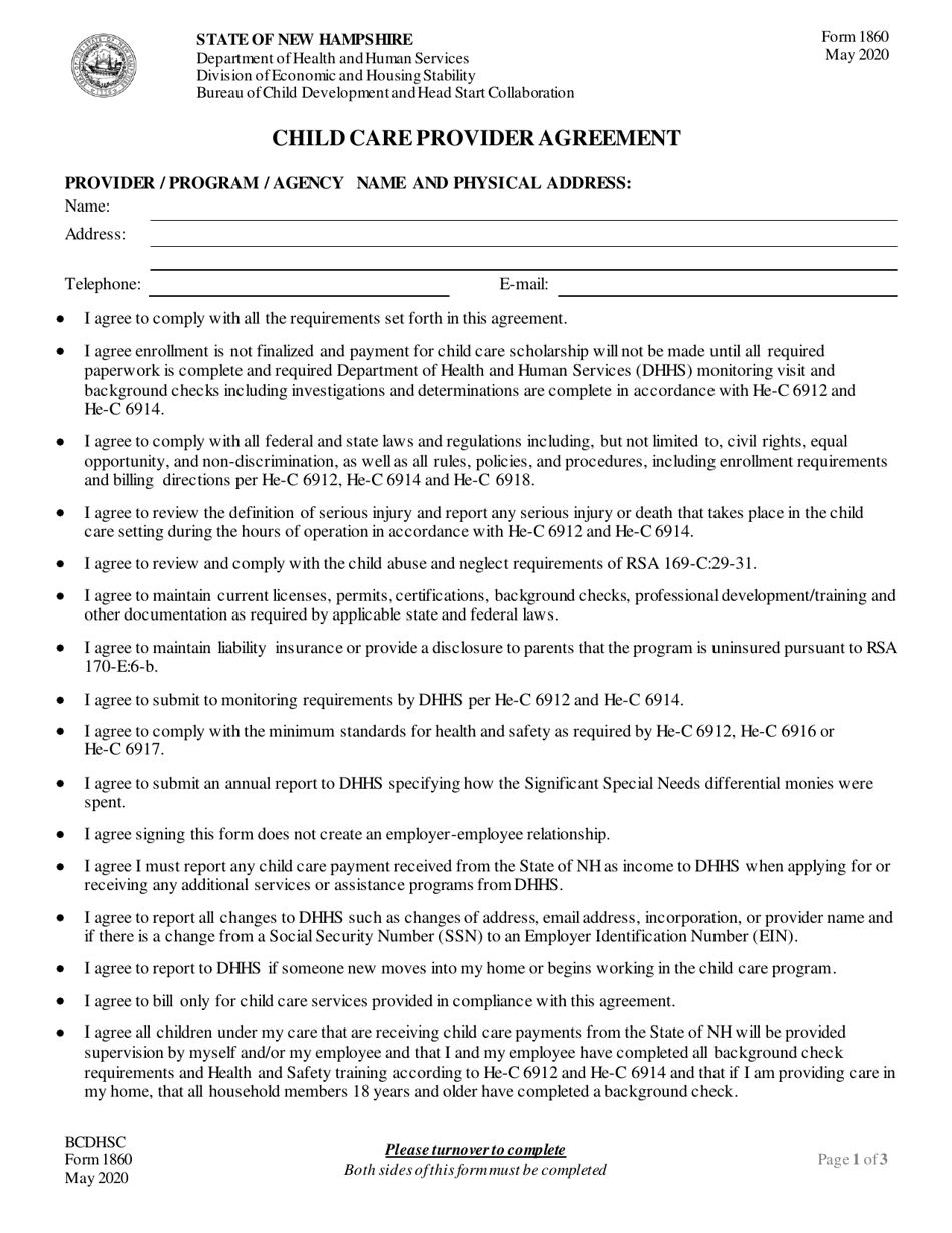 Form 1860 Child Care Provider Agreement - New Hampshire, Page 1