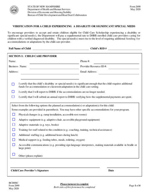 Form 2690 Verification for a Child Experiencing a Disablity or Significant Special Needs - New Hampshire