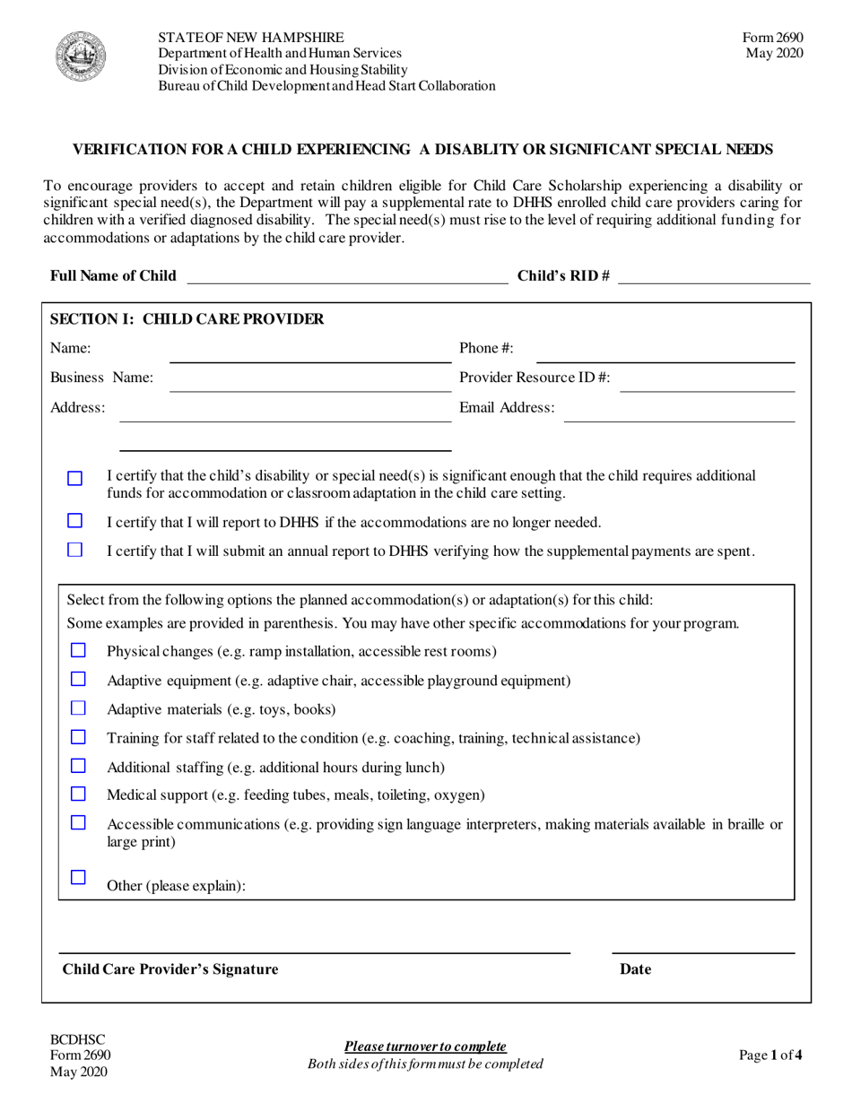 Form 2690 Verification for a Child Experiencing a Disablity or Significant Special Needs - New Hampshire, Page 1