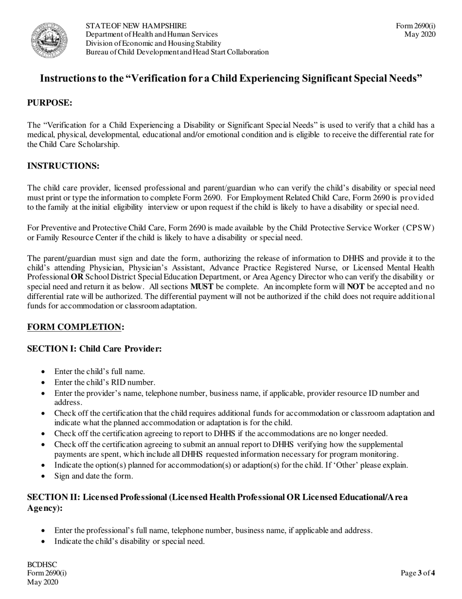 Form 2690 Verification for a Child Experiencing a Disablity or Significant Special Needs - New Hampshire, Page 3