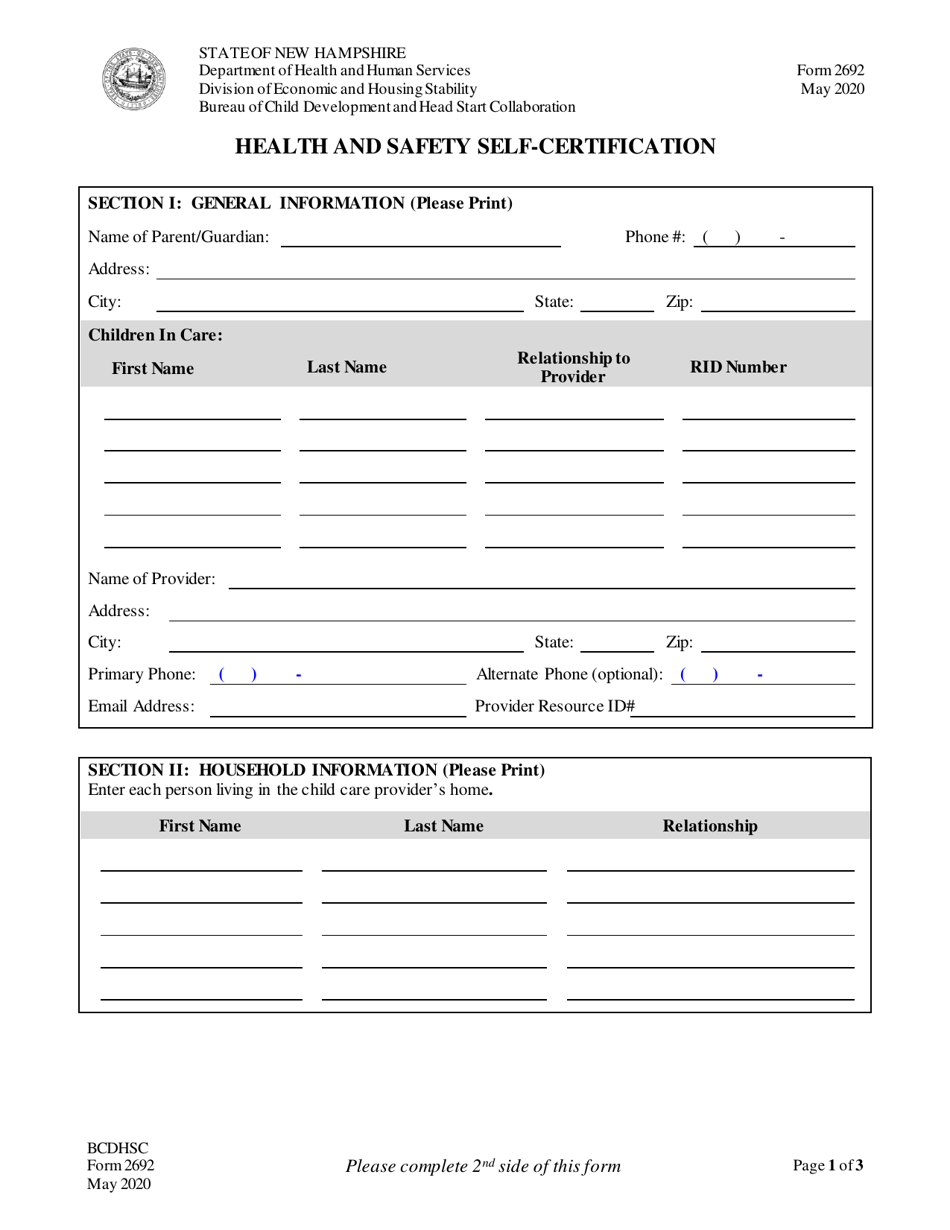 Form 2692 Health and Safety Self-certification - New Hampshire, Page 1