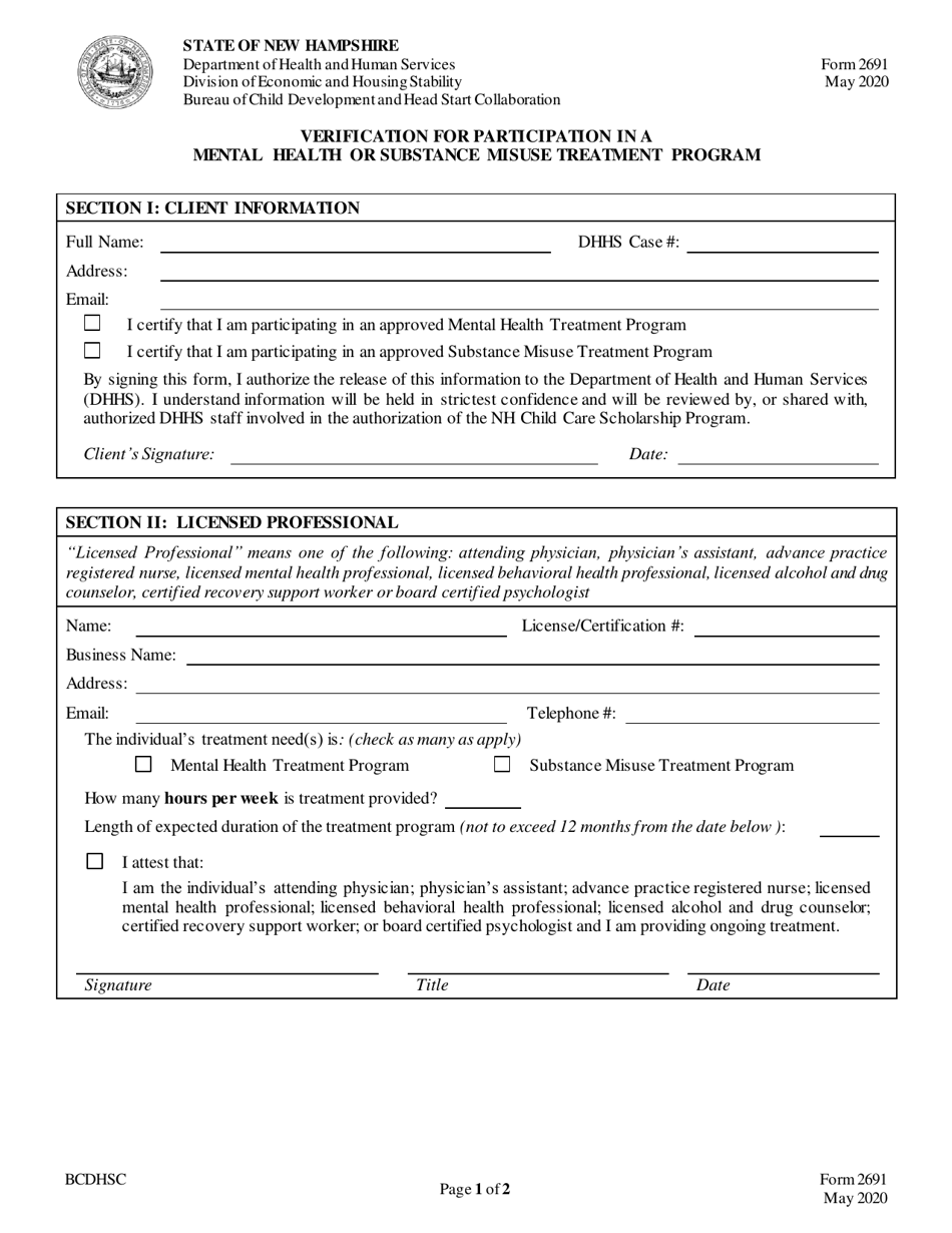 Form 2691 Verification for Participation in a Mental Health or Substance Misuse Treatment Program - New Hampshire, Page 1