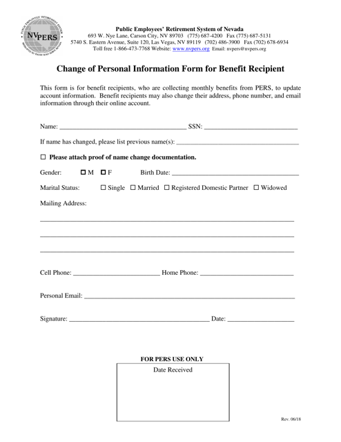 Change of Personal Information Form for Benefit Recipient - Nevada Download Pdf