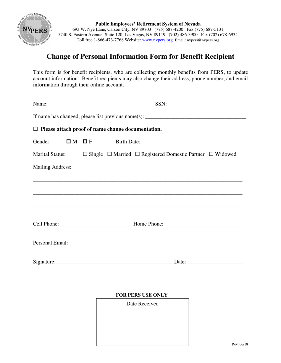Change of Personal Information Form for Benefit Recipient - Nevada, Page 1