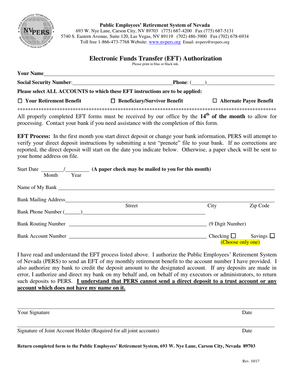 Electronic Funds Transfer (Eft) Authorization - Nevada, Page 1