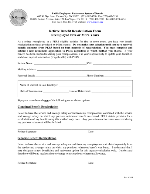 Retiree Benefit Recalculation Form - Reemployed Five or More Years - Nevada Download Pdf