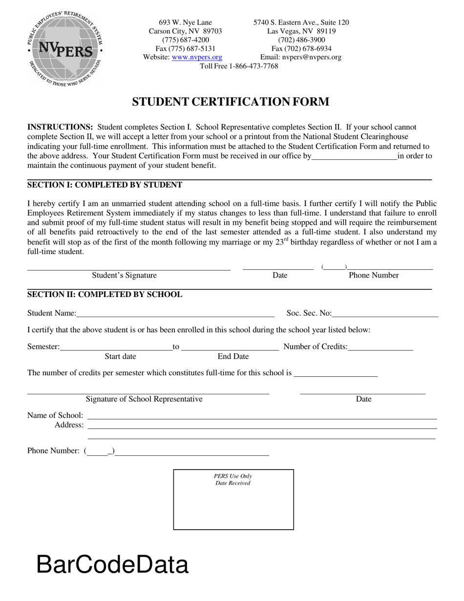 Student Certification Form - Nevada, Page 1