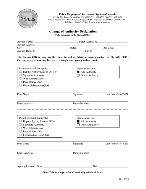 Change of Authority Designation - Nevada Download Pdf