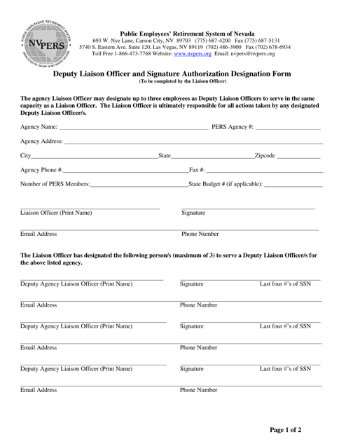 Deputy Liaison Officer and Signature Authorization Designation Form - Nevada Download Pdf