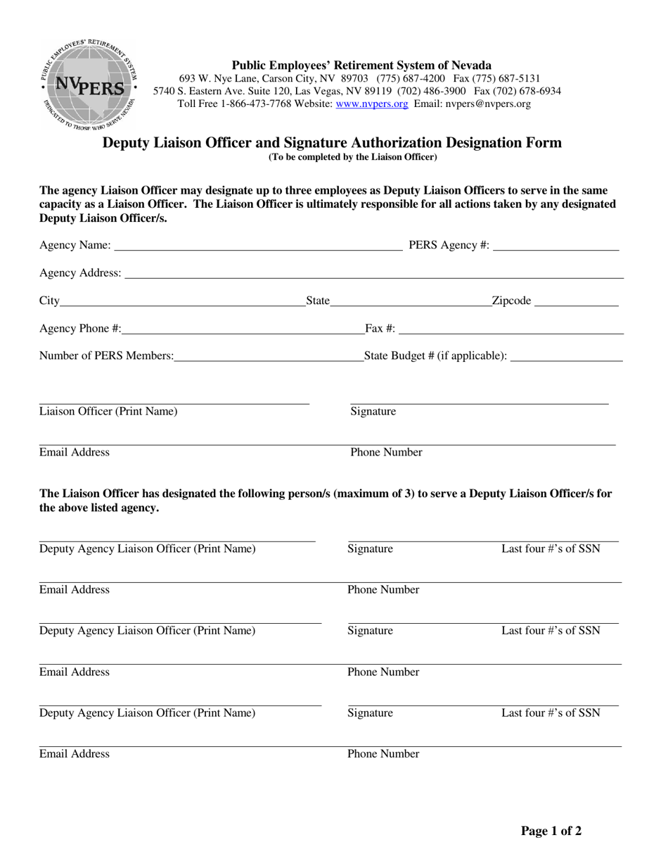Deputy Liaison Officer and Signature Authorization Designation Form - Nevada, Page 1