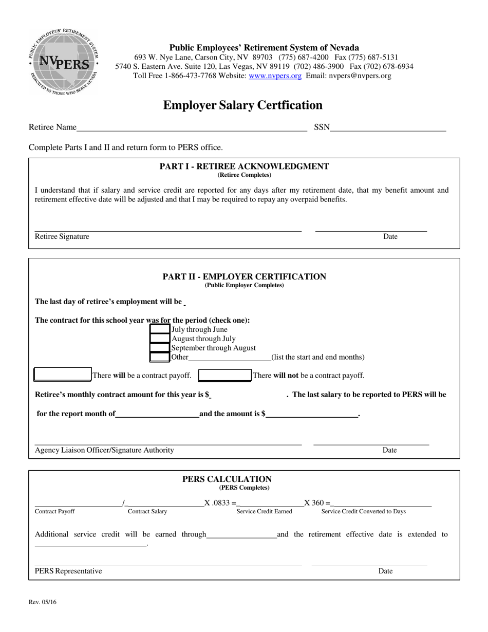 Employer Salary Certification - Nevada, Page 1