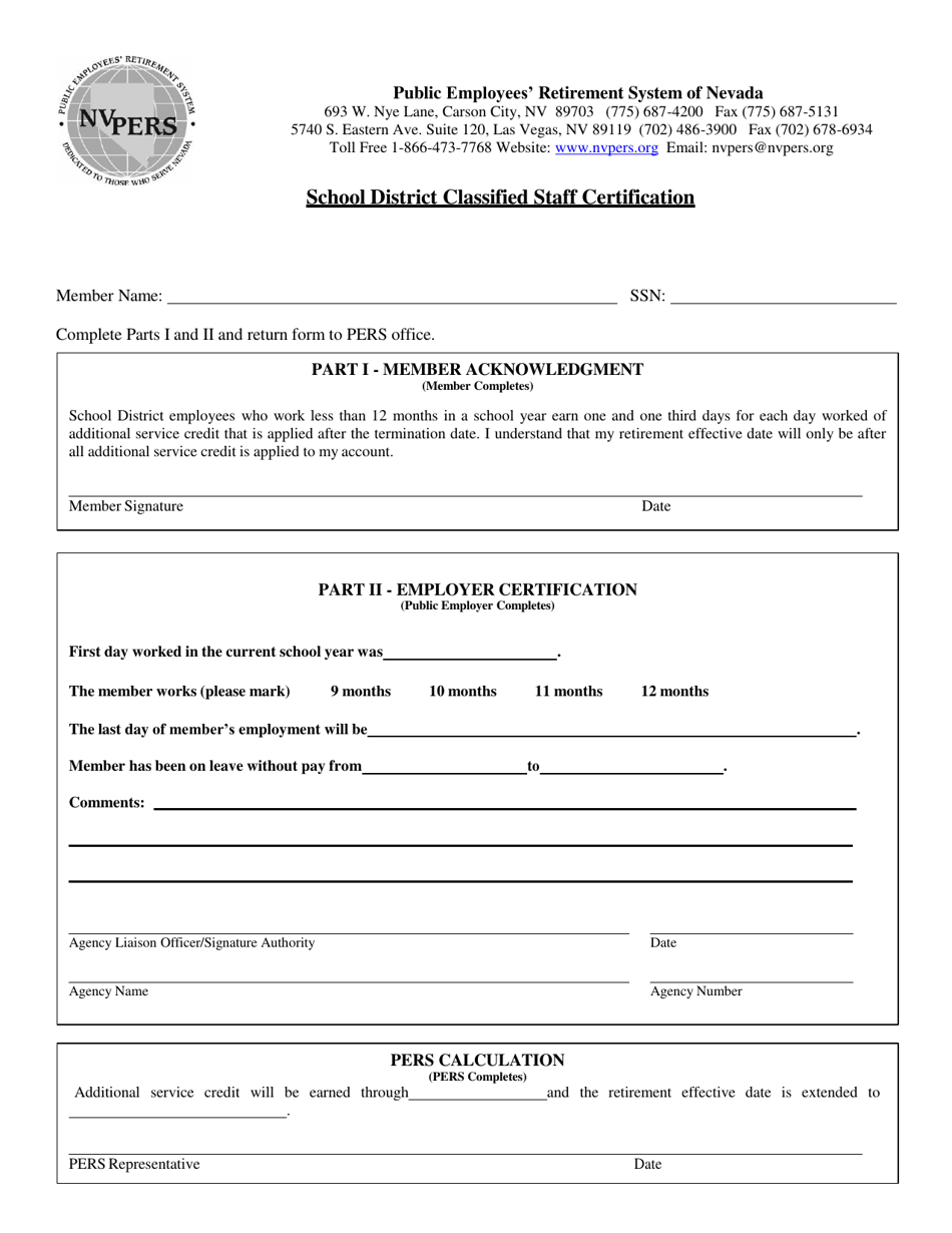 School District Classified Staff Certification - Nevada, Page 1