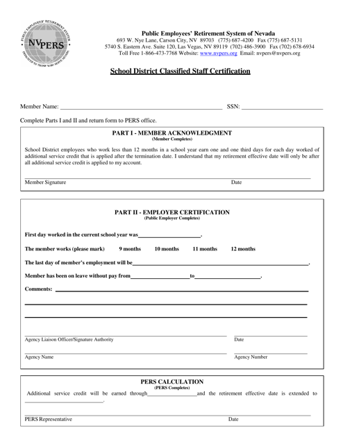 School District Classified Staff Certification - Nevada