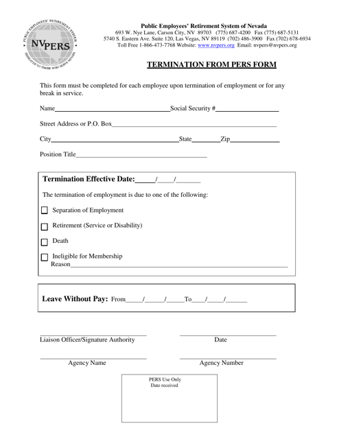 Termination From Pers Form - Nevada Download Pdf